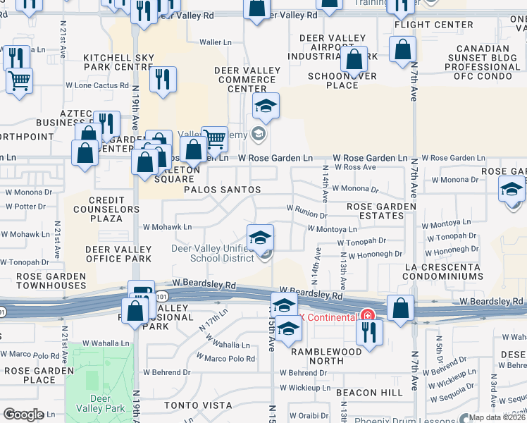 map of restaurants, bars, coffee shops, grocery stores, and more near 1491 West Runion Drive in Phoenix