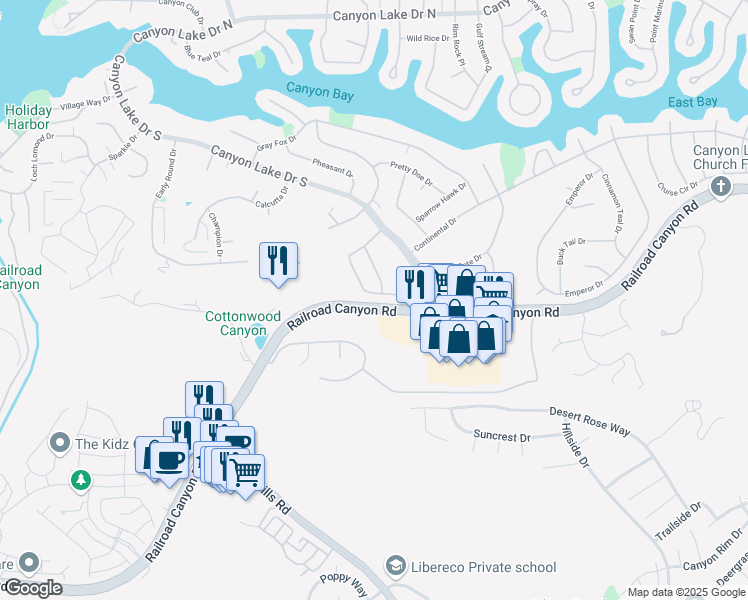 map of restaurants, bars, coffee shops, grocery stores, and more near 30809 Burning Tree Drive in Canyon Lake