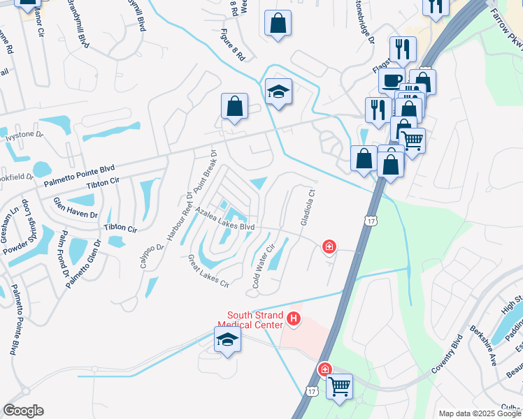 map of restaurants, bars, coffee shops, grocery stores, and more near 105 Butkus Drive in Myrtle Beach