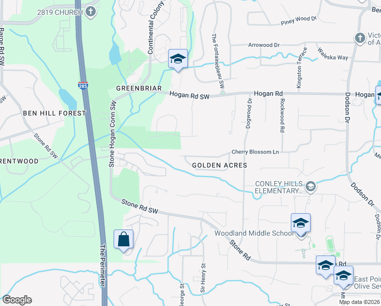 map of restaurants, bars, coffee shops, grocery stores, and more near 3117 Cherry Blossom Lane in East Point