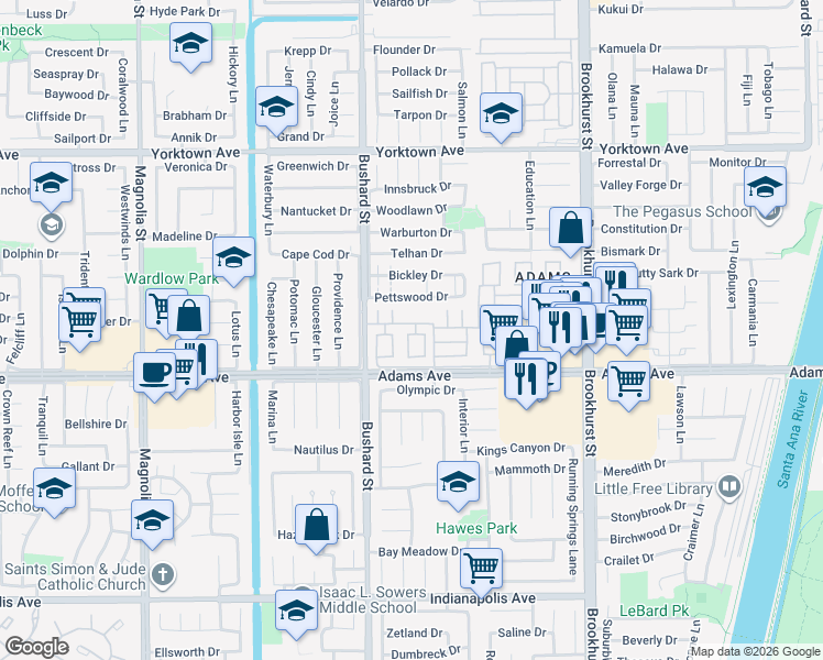 map of restaurants, bars, coffee shops, grocery stores, and more near 203 Raleigh Drive in Huntington Beach