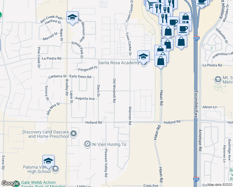 map of restaurants, bars, coffee shops, grocery stores, and more near 30750 Old Windmill Road in Menifee