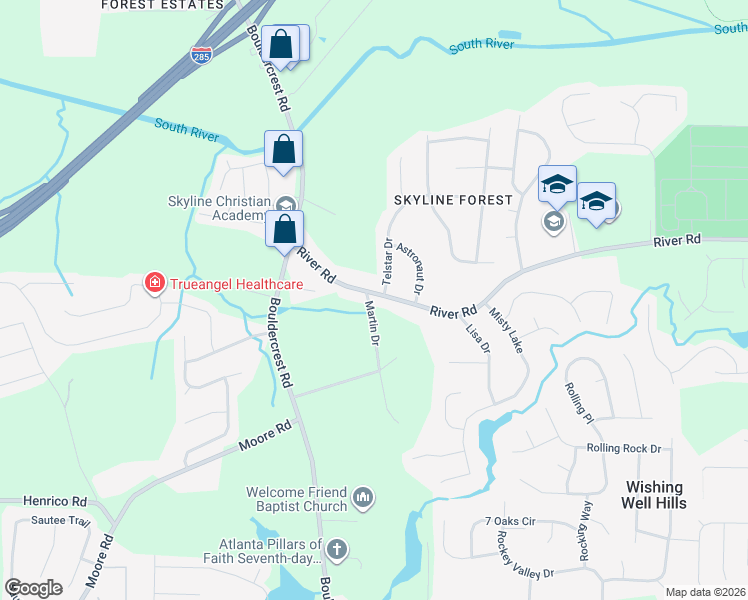 map of restaurants, bars, coffee shops, grocery stores, and more near 2103 River Road in Ellenwood