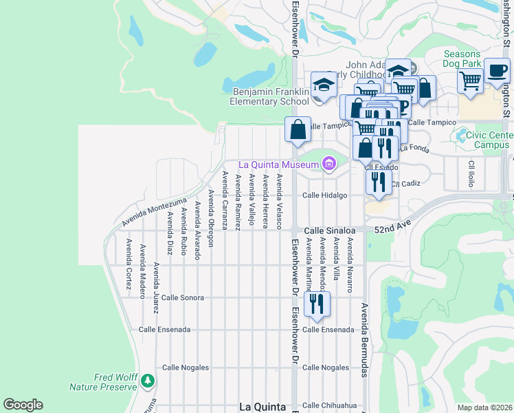 map of restaurants, bars, coffee shops, grocery stores, and more near 51600 Avenue Vallejo in La Quinta