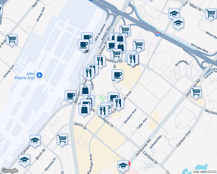 map of restaurants, bars, coffee shops, grocery stores, and more near 2243 Martin in Irvine