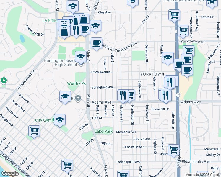 map of restaurants, bars, coffee shops, grocery stores, and more near 1745 Lake Street in Huntington Beach