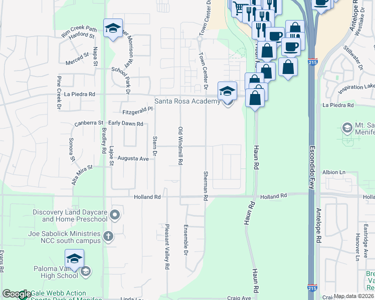 map of restaurants, bars, coffee shops, grocery stores, and more near 30750 Old Windmill Road in Menifee