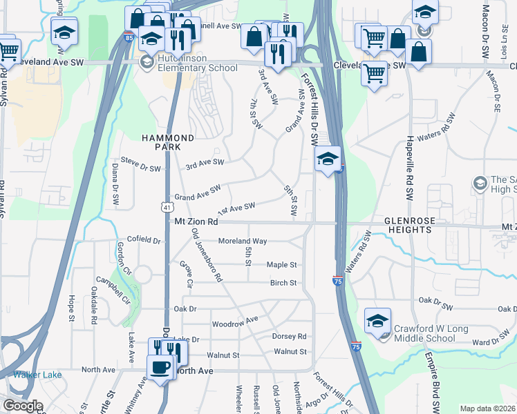 map of restaurants, bars, coffee shops, grocery stores, and more near 3026 1st Avenue Southwest in Atlanta
