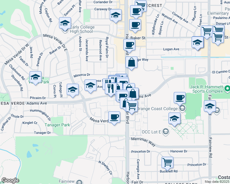 map of restaurants, bars, coffee shops, grocery stores, and more near 1534 Adams Avenue in Costa Mesa