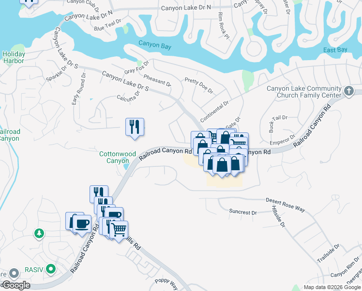 map of restaurants, bars, coffee shops, grocery stores, and more near 30809 Burning Tree Drive in Canyon Lake