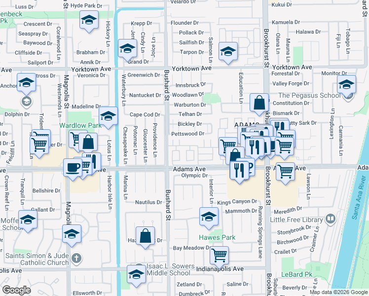 map of restaurants, bars, coffee shops, grocery stores, and more near 203 Raleigh Drive in Huntington Beach