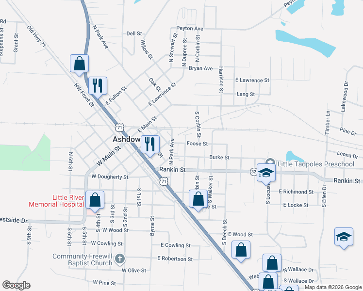map of restaurants, bars, coffee shops, grocery stores, and more near 141 North Dupree Street in Ashdown