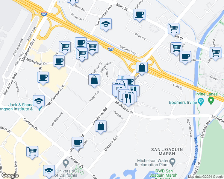 map of restaurants, bars, coffee shops, grocery stores, and more near 4407 Rivington in Irvine