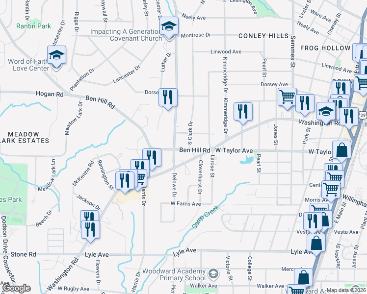 map of restaurants, bars, coffee shops, grocery stores, and more near 2092 Ben Hill Road in East Point