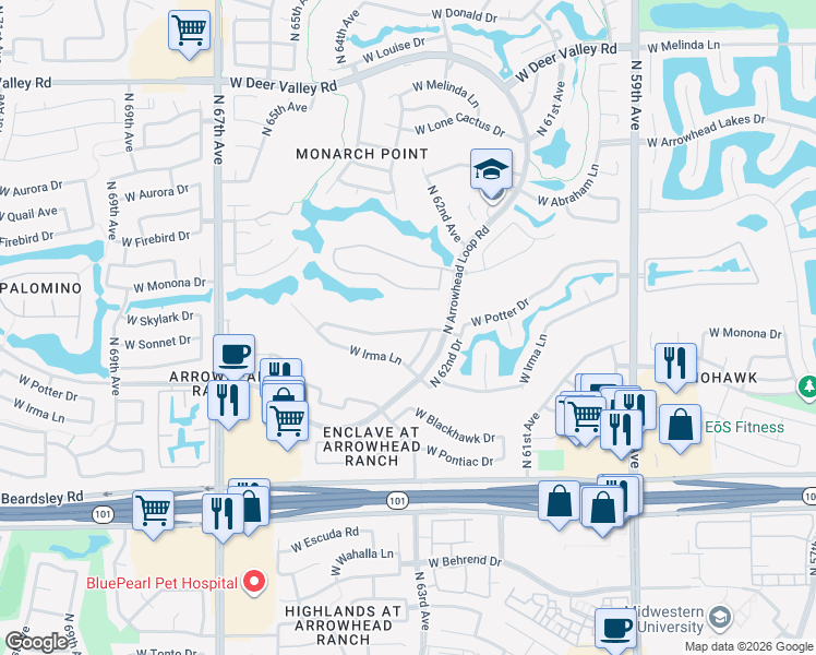 map of restaurants, bars, coffee shops, grocery stores, and more near 6333 West Potter Drive in Glendale