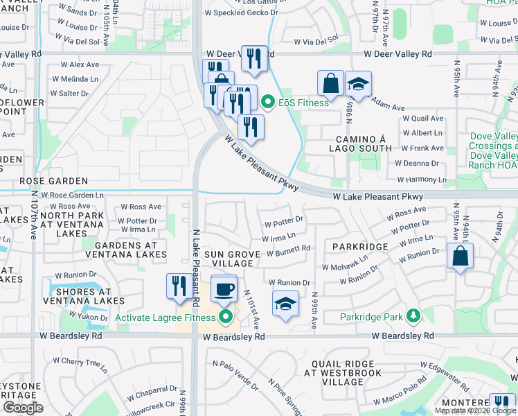 map of restaurants, bars, coffee shops, grocery stores, and more near 20962 North 100th Lane in Peoria