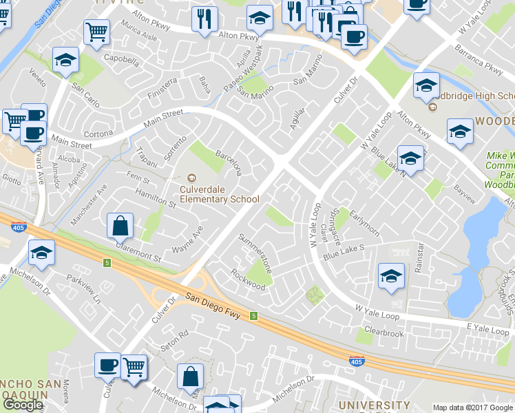 map of restaurants, bars, coffee shops, grocery stores, and more near 8 Soaring Hawk in Irvine