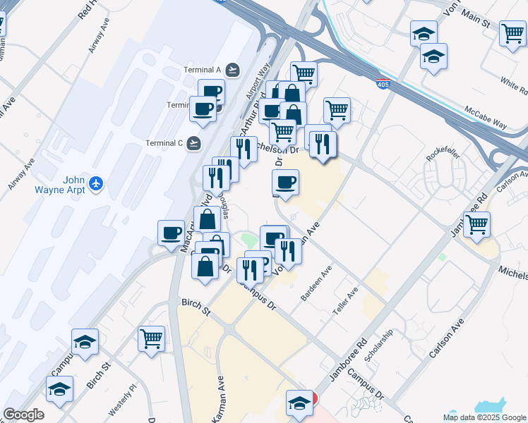 map of restaurants, bars, coffee shops, grocery stores, and more near 2233 Martin in Irvine