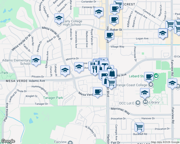 map of restaurants, bars, coffee shops, grocery stores, and more near 2803 Royal Palm Drive in Costa Mesa