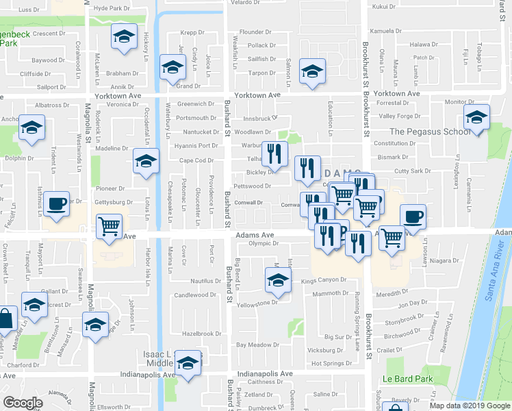 map of restaurants, bars, coffee shops, grocery stores, and more near 203 Raleigh Drive in Huntington Beach