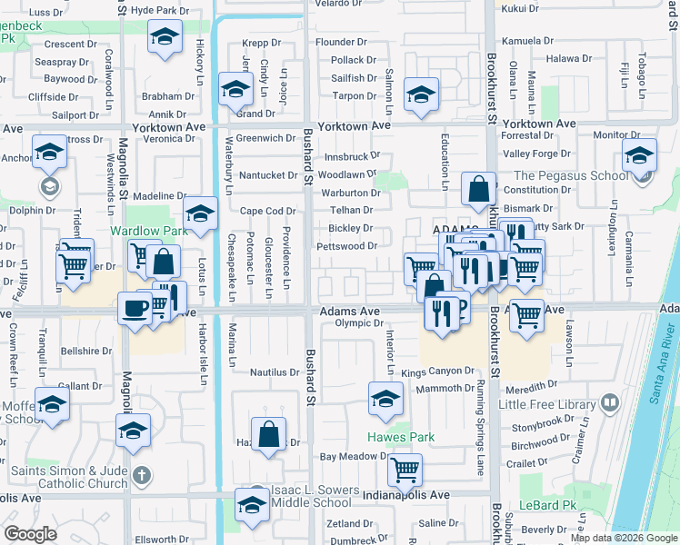 map of restaurants, bars, coffee shops, grocery stores, and more near 203 Raleigh Drive in Huntington Beach