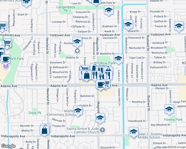 map of restaurants, bars, coffee shops, grocery stores, and more near 8911 Adams Avenue in Huntington Beach
