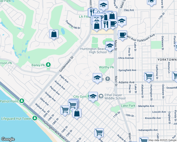 map of restaurants, bars, coffee shops, grocery stores, and more near 7231 Seashark Circle in Huntington Beach