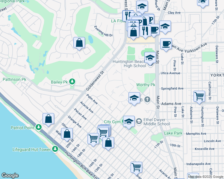 map of restaurants, bars, coffee shops, grocery stores, and more near 19807 Riptide Circle in Huntington Beach