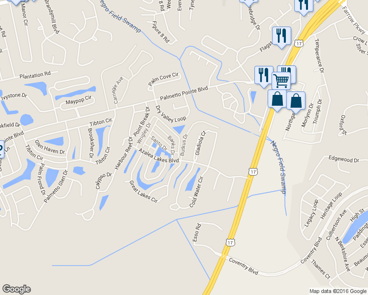 map of restaurants, bars, coffee shops, grocery stores, and more near 100 Butkus Drive in Myrtle Beach