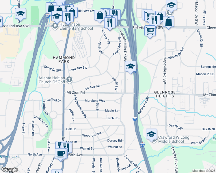 map of restaurants, bars, coffee shops, grocery stores, and more near 371 Mount Zion Road Southwest in Atlanta