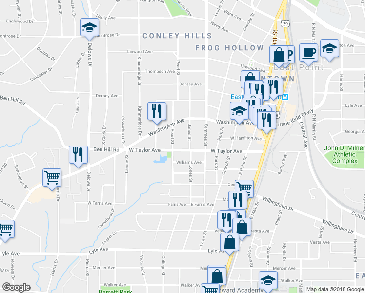 map of restaurants, bars, coffee shops, grocery stores, and more near 1877 West Taylor Avenue in East Point