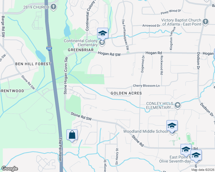 map of restaurants, bars, coffee shops, grocery stores, and more near 3117 Cherry Blossom Lane in East Point