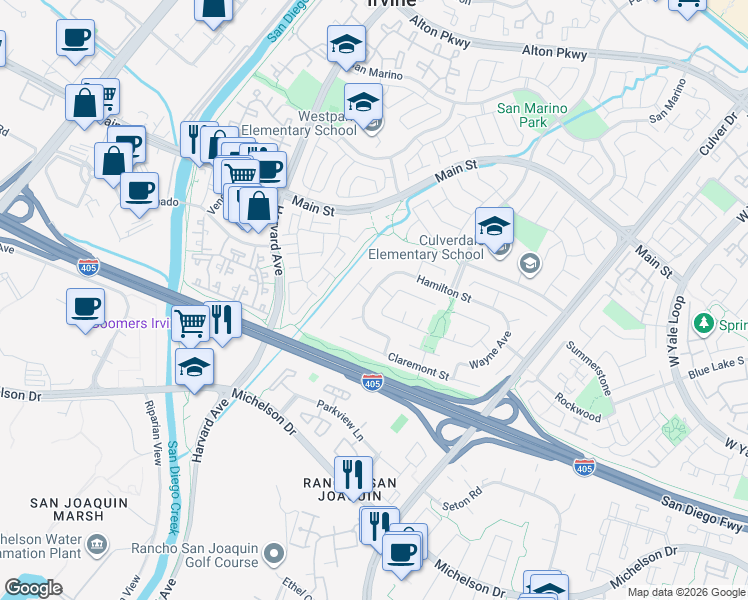 map of restaurants, bars, coffee shops, grocery stores, and more near 17612 Webster Avenue in Irvine