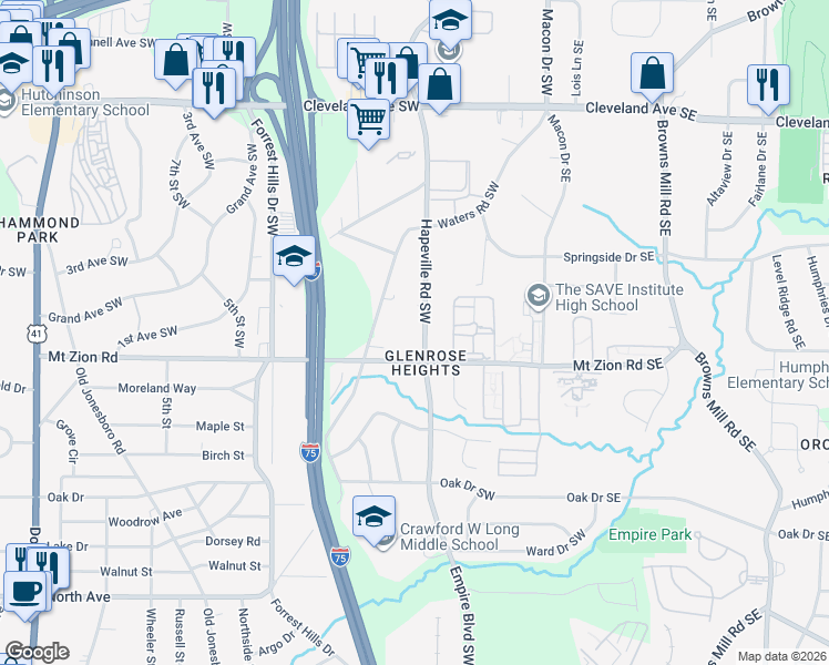 map of restaurants, bars, coffee shops, grocery stores, and more near 149 Mount Zion Road Southwest in Atlanta