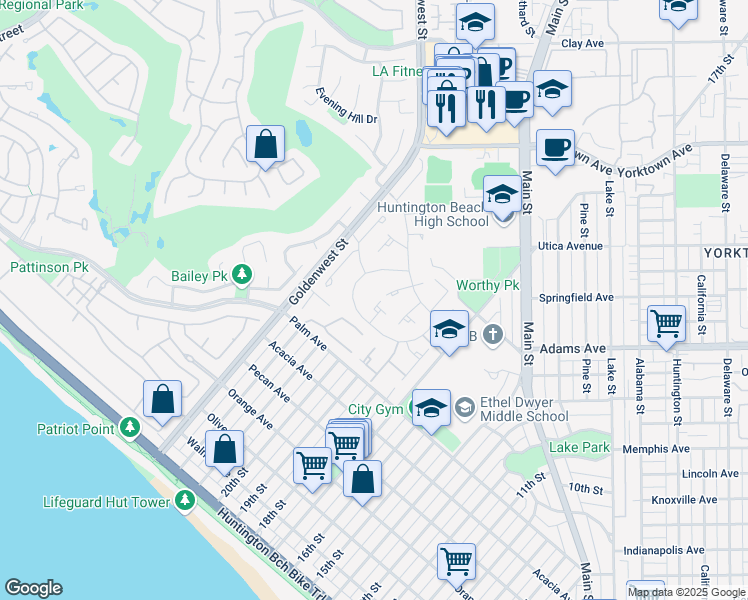 map of restaurants, bars, coffee shops, grocery stores, and more near 19807 Riptide Circle in Huntington Beach