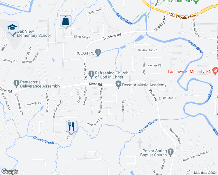 map of restaurants, bars, coffee shops, grocery stores, and more near 3278 Deer Pause Lane in Decatur