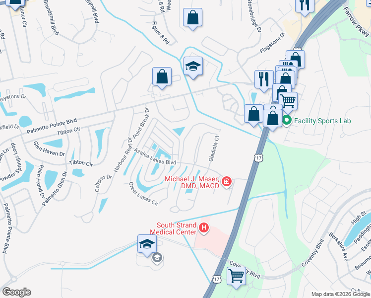 map of restaurants, bars, coffee shops, grocery stores, and more near 106 Butkus Drive in Myrtle Beach