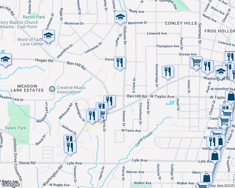 map of restaurants, bars, coffee shops, grocery stores, and more near 2131 Ben Hill Road in East Point