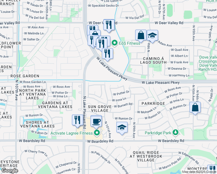 map of restaurants, bars, coffee shops, grocery stores, and more near 20962 North 100th Lane in Peoria