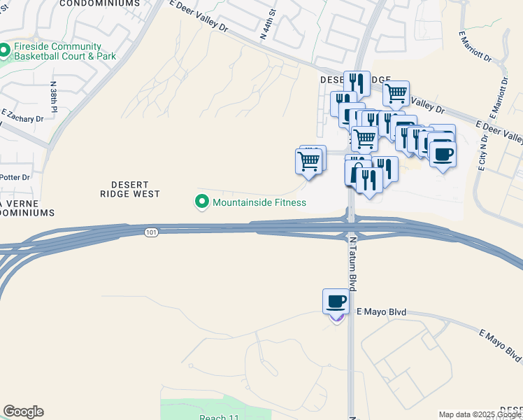 map of restaurants, bars, coffee shops, grocery stores, and more near 4425 East Irma Lane in Phoenix