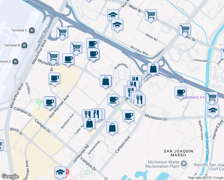 map of restaurants, bars, coffee shops, grocery stores, and more near 2700 Michelson Drive in Irvine