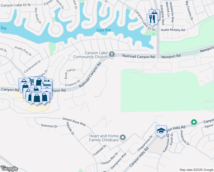 map of restaurants, bars, coffee shops, grocery stores, and more near 30725 Sorrel Lane in Canyon Lake