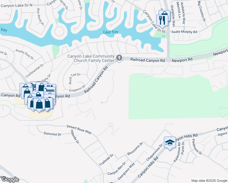 map of restaurants, bars, coffee shops, grocery stores, and more near 30714 Sorrel Lane in Canyon Lake