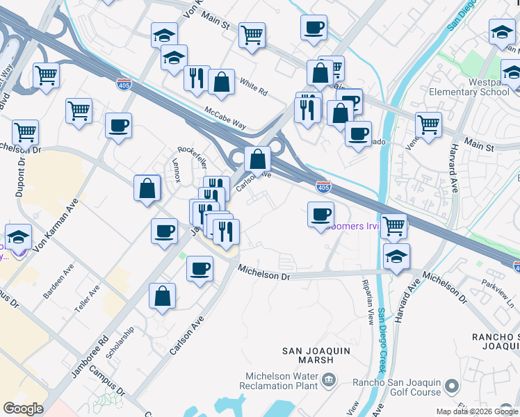 map of restaurants, bars, coffee shops, grocery stores, and more near Unnamed Road in Irvine