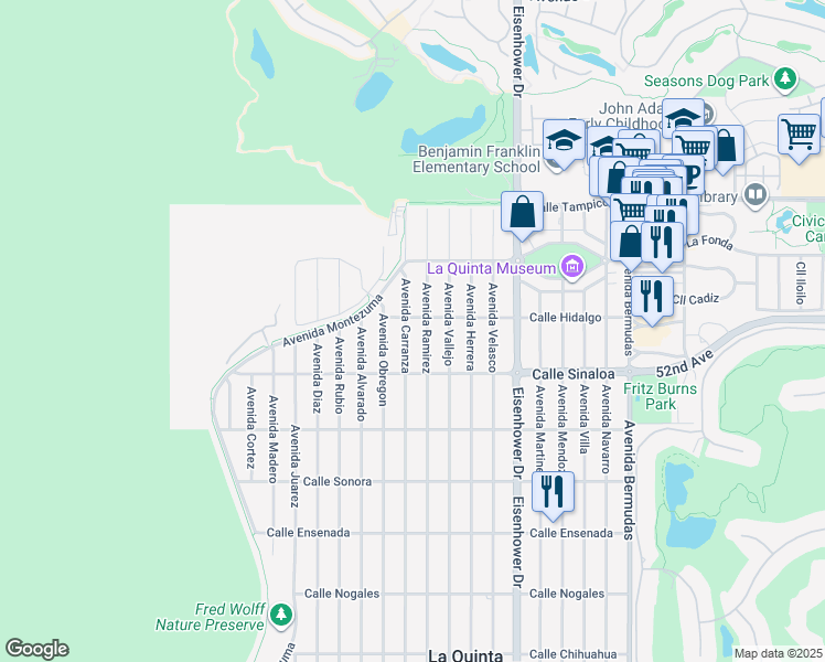 map of restaurants, bars, coffee shops, grocery stores, and more near 51600 Avenue Ramirez in La Quinta