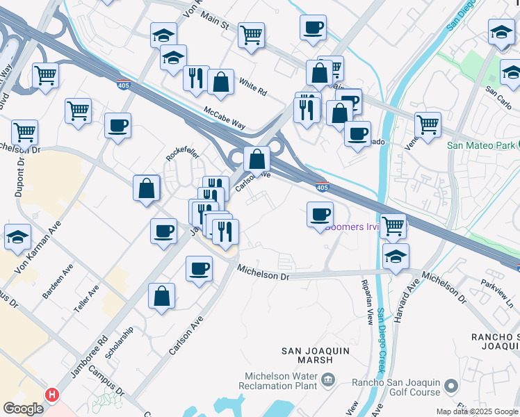map of restaurants, bars, coffee shops, grocery stores, and more near 3131 Michelson Drive in Irvine