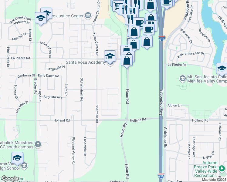 map of restaurants, bars, coffee shops, grocery stores, and more near 27545 Cloudy Peak Way in Menifee
