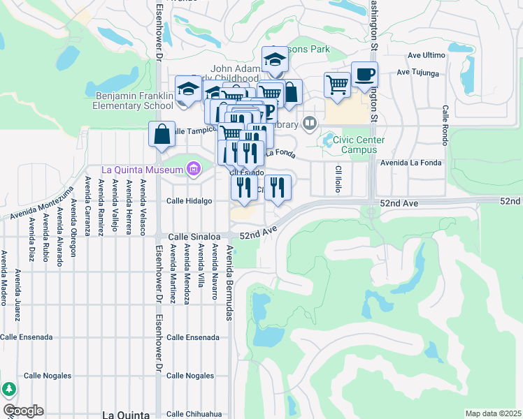 map of restaurants, bars, coffee shops, grocery stores, and more near 51620 Desert Club Drive in La Quinta