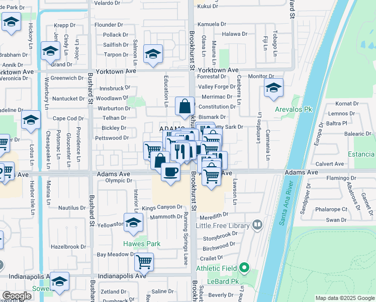 map of restaurants, bars, coffee shops, grocery stores, and more near 19880 Berkshire Lane in Huntington Beach