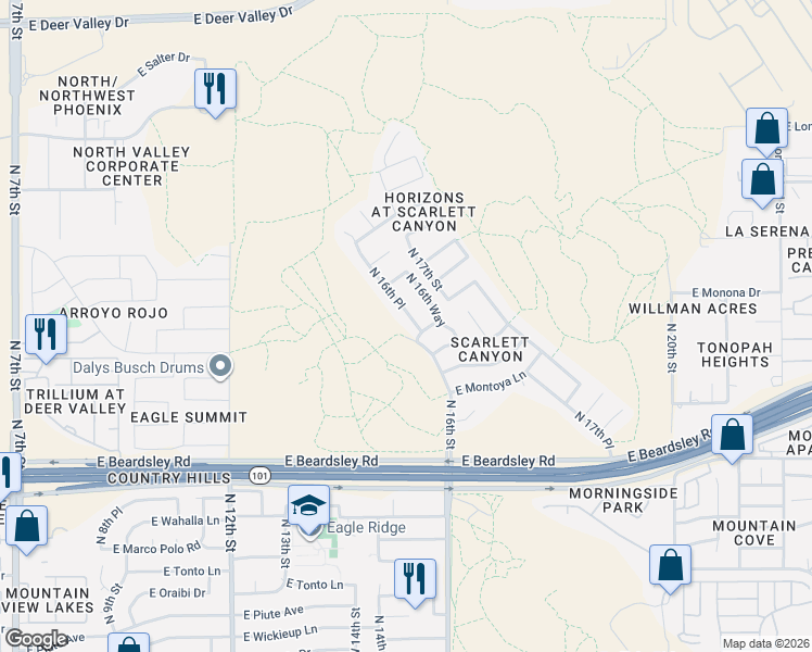 map of restaurants, bars, coffee shops, grocery stores, and more near 23425 North 16th Street in Phoenix